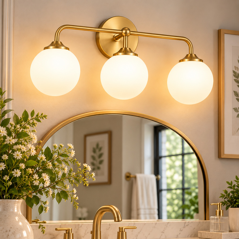 3-Light Brushed Gold Vanity Light – Milky White Globe Shades